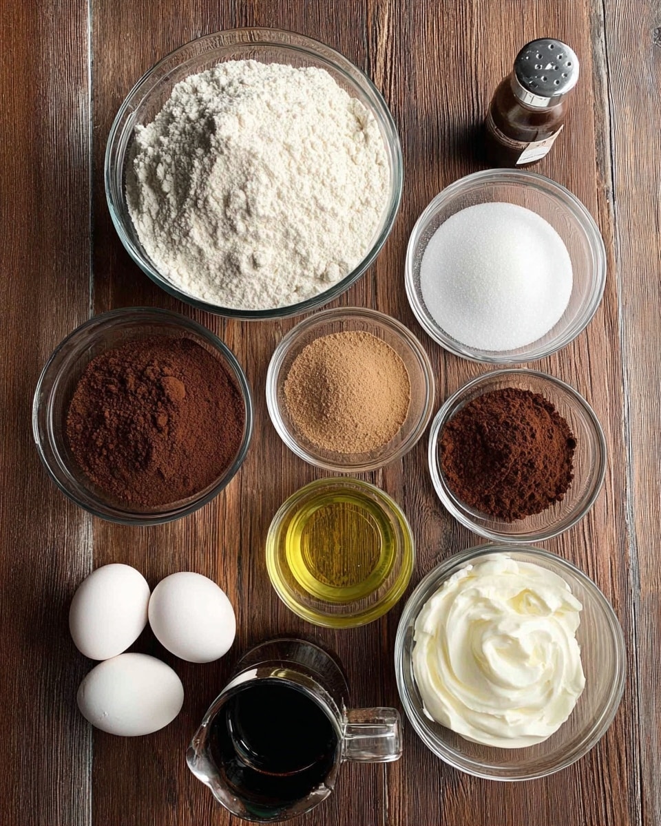 The image shows nine ingredients placed on a wooden surface. In the top center, there is a large clear glass bowl filled with white flour. To the right of it is a medium clear glass bowl with light brown sugar. Below the flour bowl and to the left, there is a medium clear glass bowl with dark brown cocoa powder. Next to this, in the middle, is a medium clear glass bowl filled with white granulated sugar. To the right of this sugar bowl, there is a small clear glass bowl with a yellow liquid, possibly oil. Below and to the left, there is a black French press filled with a dark liquid. A little to the right, two white eggs rest on the wooden surface. Below the eggs, there is a medium clear glass bowl filled with white creamy yogurt or sour cream. To the right, there is a small clear glass bowl with white baking soda or baking powder. Next to this bowl, a small dark bottle, probably vanilla extract, is placed at the bottom. The whole scene is set on a wooden surface. photo taken with an iphone --ar 4:5 --v 7