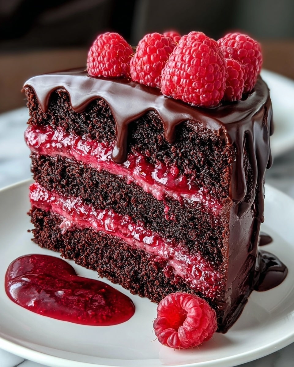 A slice of three-layer dark chocolate cake with two thick layers of bright red raspberry filling in between. The top of the cake is covered with a shiny dark chocolate glaze that drips down the sides. Fresh red raspberries are neatly placed on top of the glaze. The cake sits on a white plate with a dollop of red raspberry sauce on the plate next to it, all set on a white marbled surface. photo taken with an iphone --ar 4:5 --v 7