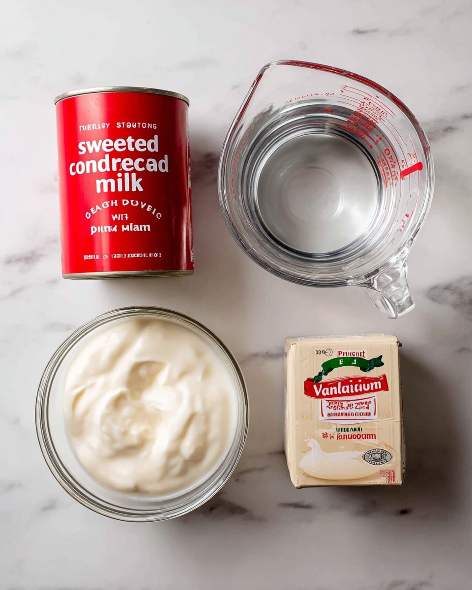 The image shows four ingredients placed on a white marbled surface. On the top left is a red can labeled