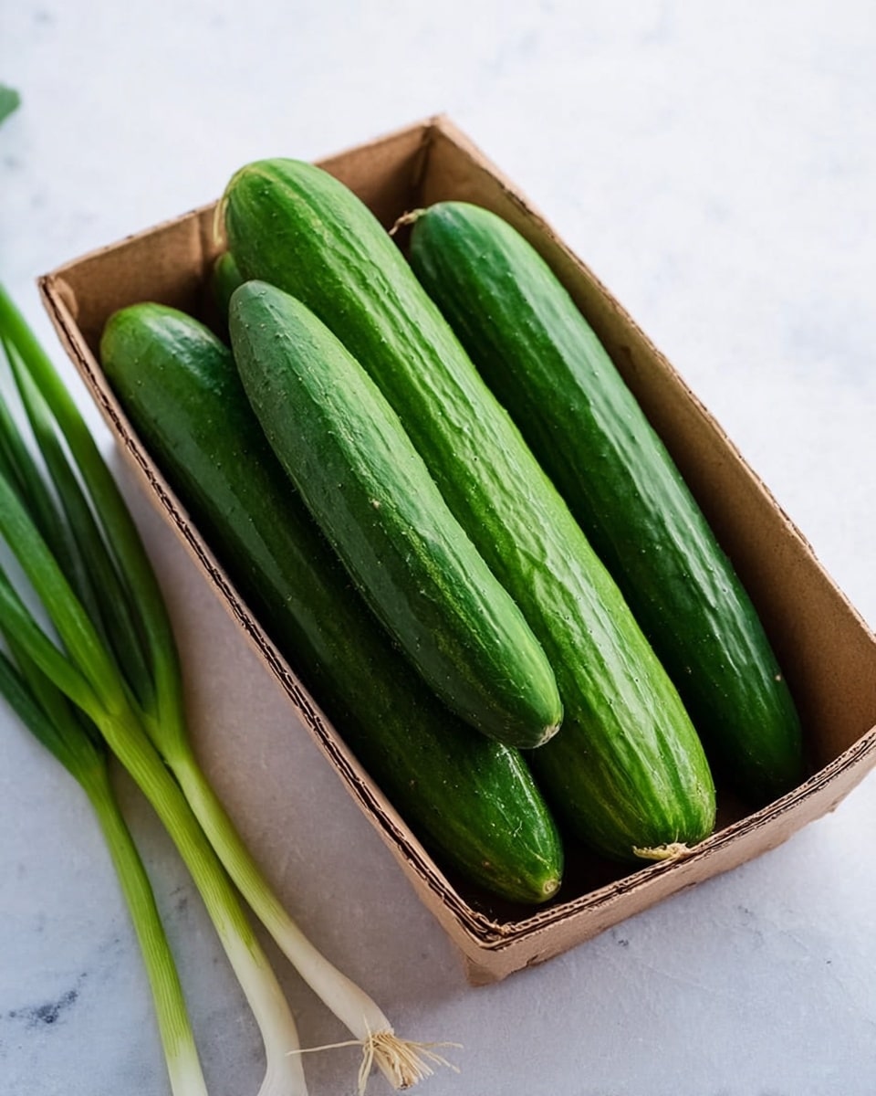 The image shows a small brown cardboard tray filled with four long, dark green cucumbers that have a slightly textured skin. The tray is placed on a white marbled surface, and to the left of the tray, there are a few green onion stalks lying down, adding a fresh green contrast to the setting. The lighting is natural, highlighting the fresh and vibrant look of the cucumbers and onions. photo taken with an iphone --ar 4:5 --v 7