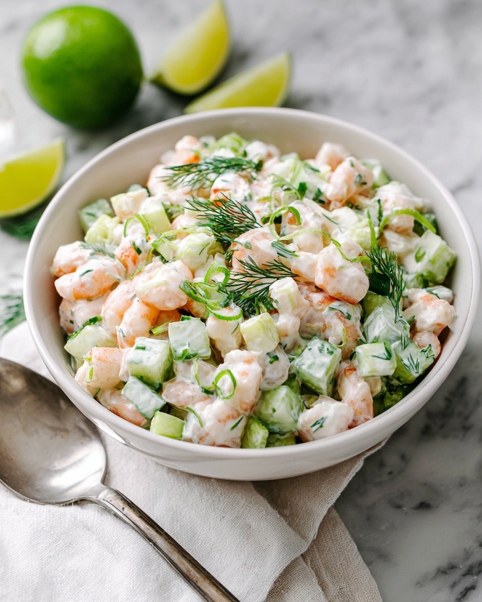 A bowl filled with a shrimp salad featuring three main layers: the bottom has small, pale pink shrimp pieces, the middle layer consists of diced light green cucumbers, and the top is sprinkled with thin slices of darker green scallions and dill leaves, all mixed together with a creamy white dressing that lightly coats the salad. The bowl is white and sits on a white marbled texture surface with lime wedges in the background and a metal spoon next to a white cloth under the bowl. Photo taken with an iphone --ar 4:5 --v 7