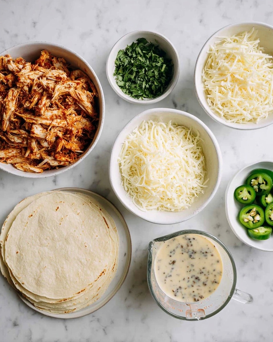 The image shows several bowls and a plate arranged on a white marbled surface. On the left, there is a white bowl filled with shredded, reddish-brown seasoned chicken. Above it, a smaller white bowl contains chopped green herbs. Next to that is a white bowl filled with shredded white cheese. To the right, a few slices of green jalapeño peppers sit in another small white bowl. A clear glass measuring cup holds a creamy sauce with visible black and green herb specks. Below the bowls is a white plate with a neat fan of soft, white corn tortillas. The whole setup looks ready for assembling tacos or a similar dish, photo taken with an iphone --ar 4:5 --v 7