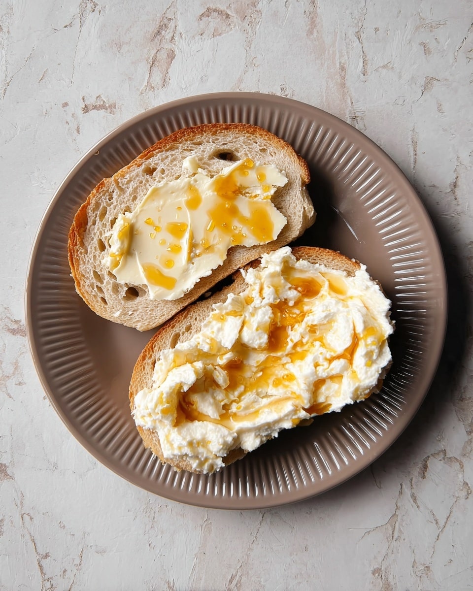 The image shows an open sandwich on a round white plate with ridged edges, placed on a white marbled textured surface. The sandwich has two slices of soft, light brown bread. One slice is spread with spots of creamy butter, while the other slice is topped with a thick layer of white cream cheese mixed with patches of golden honey drizzled unevenly, creating a contrast of smooth white and shiny amber colors. The layers are simple, with the butter on the top slice and the cream cheese with honey spread on the bottom slice, both resting flat on the plate with no garnish. The photo taken with an iphone --ar 4:5 --v 7