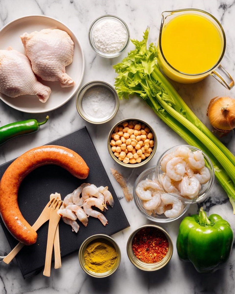 The image shows many raw ingredients on a white marbled surface, arranged neatly. On the left, there are two raw chicken pieces placed on a white plate. Next to them is a small clear bowl with white powder, a whole green jalapeño, and a large bunch of green celery sticks. There is a large glass jug filled with bright yellow liquid near a whole white onion. In the middle, a U-shaped smoked sausage is sliced on a black cutting board, with two wooden utensils nearby. Two open cans reveal pale yellow chickpeas. On the right side, a clear bowl holds many fresh white shrimp. Around it, there are small bowls with red and yellow spices, a small bowl of clear oil, a whole bright green bell pepper, and a bulb of garlic. The whole scene is lit softly, showing clear details and colors. Photo taken with an iphone --ar 4:5 --v 7