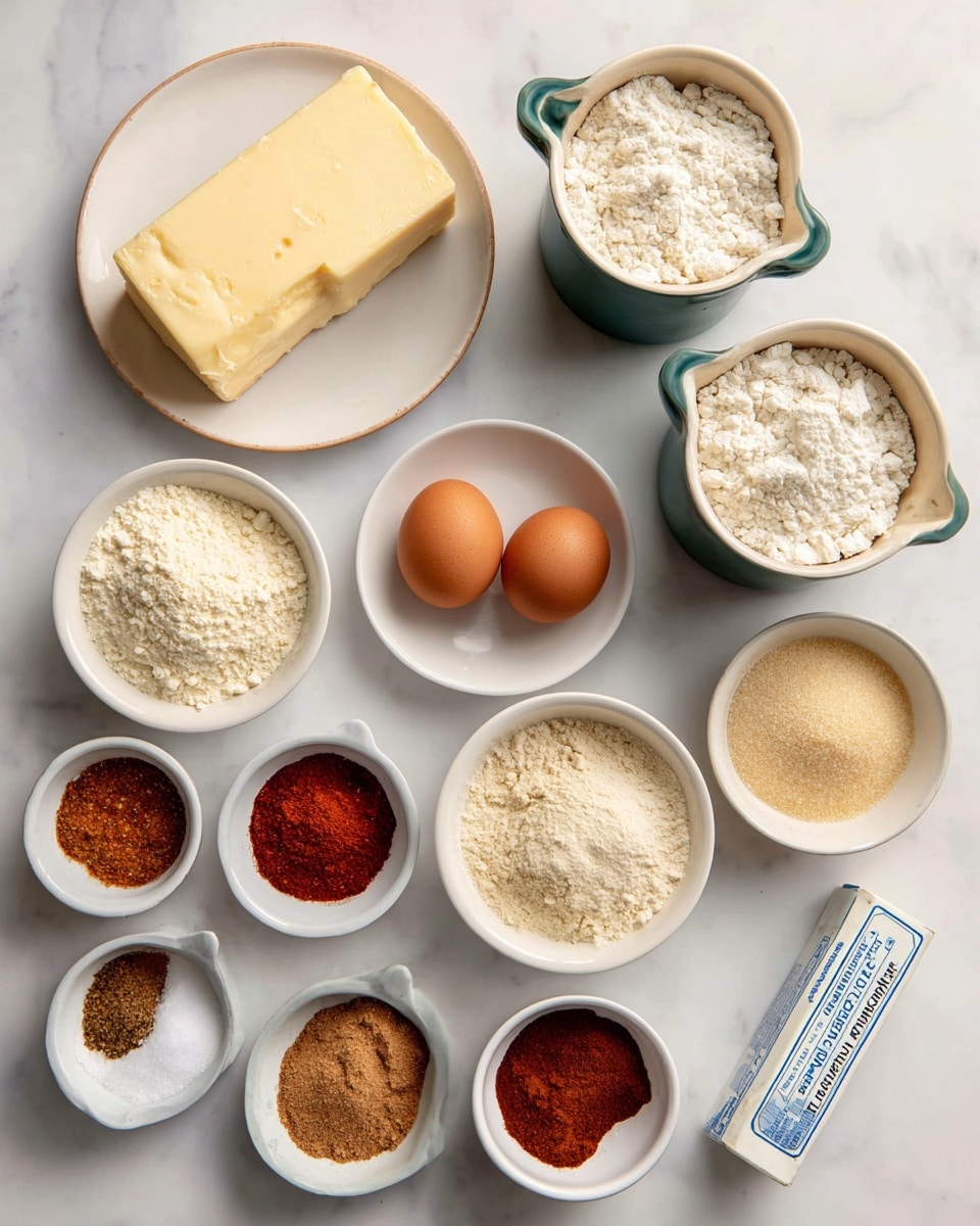The image shows various ingredients arranged neatly on a white marbled surface. In the top left, a white plate holds a large rectangular block of light yellow cheese. To the right, two white cups with green handles contain white flour and light brown bread crumbs. Below the cheese, a small white plate holds two brown eggs. In the center, a small white bowl with a handle has three powders: reddish paprika, light beige onion powder, and light beige garlic powder. Around this, several small white bowls hold different powders and spices: a reddish-brown cayenne powder, a medium brown chili powder, a darker red paprika, a pale yellow garlic powder, medium brown brown sugar in a small white cup with a handle, and lastly a small white bowl with salt and black pepper. In the bottom right corner, a stick of butter wrapped in blue and white packaging lies partially visible. photo taken with an iphone --ar 4:5 --v 7