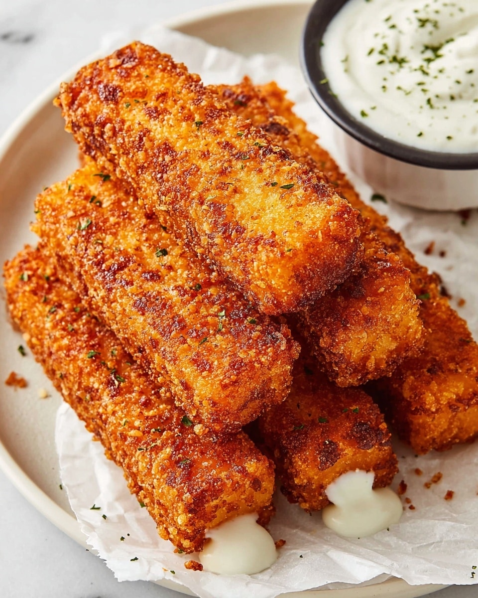 There are seven rectangular golden-brown crispy fried sticks stacked closely on white parchment paper placed on a round white plate. Each stick has a crunchy, textured surface showing small, rough bits. One stick at the bottom has a small drizzle of creamy white sauce leaking out from the side. At the top right corner, a white bowl with a black rim holds a white creamy dipping sauce sprinkled with small green herbs, sitting on a white marbled surface. photo taken with an iphone --ar 4:5 --v 7