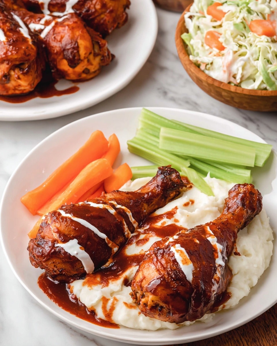 A white plate shows three chicken drumsticks covered in dark orange barbecue sauce with a few white sauce lines on top. Below the chicken is a thick layer of smooth white mashed potatoes. To the side of the chicken and potatoes, there is a creamy coleslaw with visible shredded carrots and cabbage. Next to the coleslaw, there are fresh, bright orange carrot sticks and light green celery sticks in small bunches. In the background, another white plate holds more drumsticks with the same dark orange sauce, all placed on a white marbled surface. Photo taken with an iphone --ar 4:5 --v 7