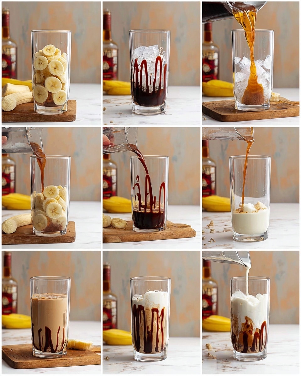 The image shows the process of making a creamy banana chocolate drink in nine steps. First, sliced banana pieces on a wooden board are placed in a clear blender cup with thick chocolate syrup drizzled on the inside top edges, creating dark brown lines. Next, banana pieces rest at the bottom of the blender cup while a pale golden liquid is poured in from a gold measuring cup. This is followed by a pour of dark brown syrup, then a cream-colored liquid, and lastly white cream, layering from bottom to top inside the cup. In the seventh step, ice is added on top of the mix in the blender cup. The mix is then poured from the blender cup into a tall white glass with chocolate syrup drizzled inside it. The final image shows the white glass filled with a smooth light brown drink, covered partly with white foam, and streaked with the dark chocolate syrup along the sides. All steps are shown on a white marbled surface with bottles and fruit blurred in the background, photo taken with an iphone --ar 4:5 --v 7