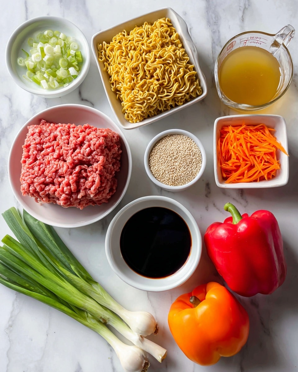 The image shows a white bowl on the left with a large block of pink ground beef, next to a square block of yellow ramen noodles. Below the bowl and noodles are fresh green scallions with white bulbs and a pile of shredded orange carrots. To the right, there is a small white bowl filled with dark brown soy sauce, a white ramekin of light brown brown sugar, and a small white bowl of chopped garlic. Behind these bowls, there is a clear glass measuring cup filled with yellow chicken stock. To the far right, two bright red bell peppers sit on a white marbled surface, and near the bottom, a small container of beige sesame seeds completes the scene. Photo taken with an iphone --ar 4:5 --v 7