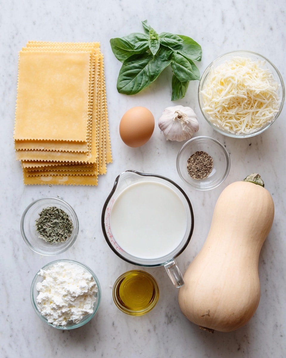 The image shows ingredients for cooking arranged neatly on a white marbled surface. On the left, there are three uncooked lasagna sheets stacked with fresh green basil leaves beside them. Moving right, there is a whole brown egg in a small clear glass bowl, two cloves of garlic above it, and a small bowl of mixed salt and black pepper. In the center, a glass measuring cup filled with white milk is placed, and next to it is a small glass bowl of mixed dried herbs. Above them, there is a small container of golden oil. Below these, there are two clear bowls, one filled with white ricotta cheese and another with grated Parmesan cheese. To the right of these bowls, there is a small bowl with shredded mozzarella cheese. On the far right side of the image, there is a whole light brown butternut squash. The photo taken with an iphone --ar 4:5 --v 7