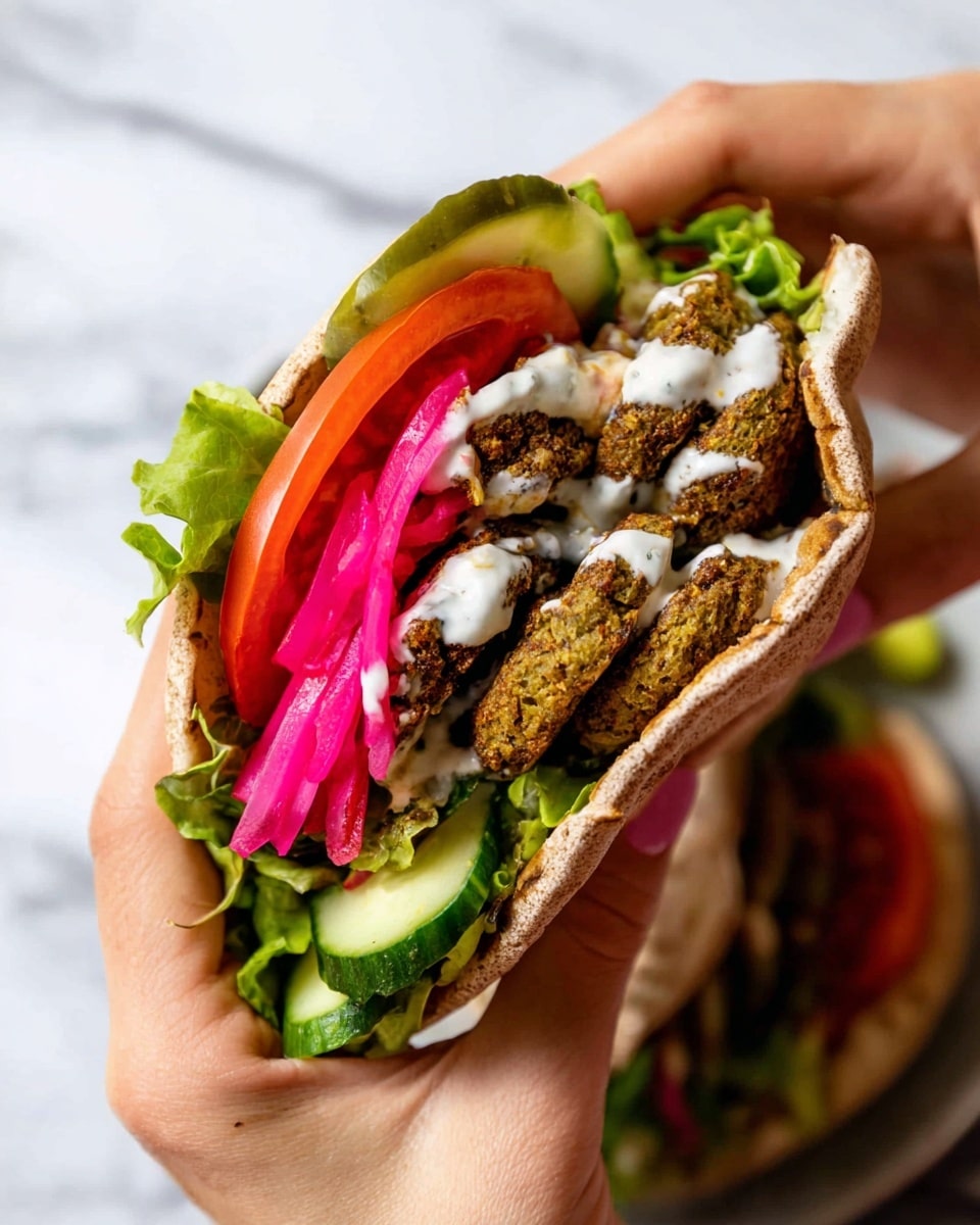 A pita pocket held by two woman's hands is filled with layers of fresh ingredients. The first layer inside the pita is green lettuce and cucumber slices showing bright green and light green colors. On top of this is a thick slice of red tomato, followed by crispy falafel pieces in brown with a coarse texture. Pickled red onions add a pop of bright pink on one side. A drizzle of white sauce is scattered over the falafel, adding a creamy touch. The background shows a white marbled texture. photo taken with an iphone --ar 4:5 --v 7
