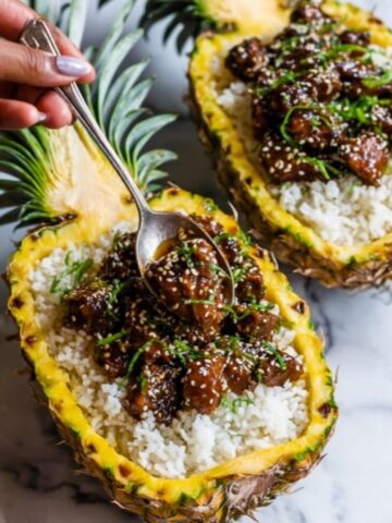 Pineapple Chicken with Rice in Banana Boat Style Recipe