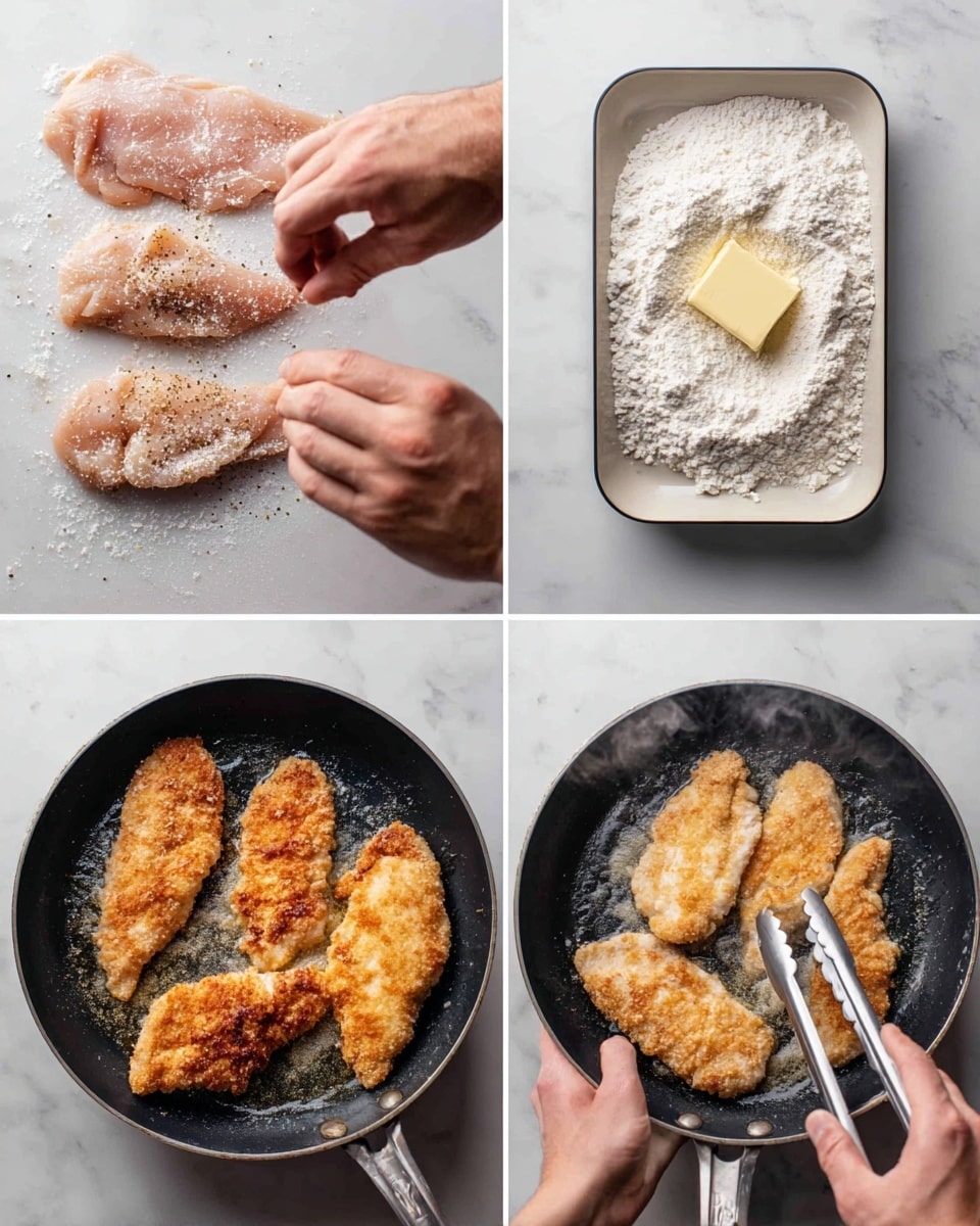 The image shows four steps of cooking chicken cutlets. In the first step, several raw thin chicken pieces are laid out on a white surface with a man's hand seasoning them with pepper. The second step displays the same chicken piece being coated in white flour inside a rectangular white tray, held by both of the man's hands. The third step shows four flour-coated chicken pieces cooking in a black pan with a cube of butter melting in the middle, visible steam rising. In the fourth step, three golden brown chicken pieces are being flipped using a pair of silver tongs held by the man's hand in the black pan. The background surface is white marbled texture. photo taken with an iphone --ar 4:5 --v 7