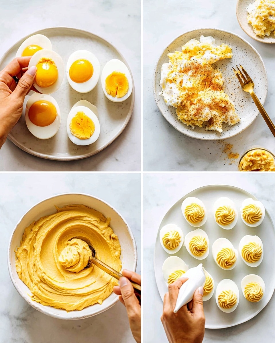 The image shows four steps of making deviled eggs. The first shows a woman's hand scooping the yellow yolk from white egg halves onto a white plate, with more halved eggs on a white plate in the background. The second shows a rough crumbly mixture of mashed yolks in a white bowl, layered with white creamy dollops, a mustard-colored sauce, and sprinkled black pepper, with a gold fork resting on the side. The third shows a smooth mustard-yellow paste spread evenly in a white bowl with a gold spoon scraping the surface. The fourth shows six white egg halves arranged on a white plate, with a piping bag held by a woman's hand carefully filling the egg white centers with a swirled creamy yellow filling. The scene is set on a white marbled surface with natural light. photo taken with an iphone --ar 4:5 --v 7