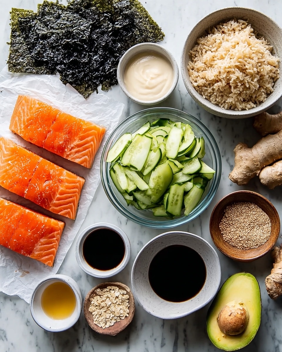 The image shows ingredients laid out on a white marbled surface, ready for making a dish. There are five bright orange salmon pieces placed on white parchment paper on the left side. Above them, there are big sheets of dark green seaweed. Nearby, a small white bowl holds a creamy white sauce. In the middle, a clear glass bowl is filled with sliced, light green cucumbers. To the top center, a white bowl holds light brown rice. Around these bowls, small white and brown bowls hold different sauces and condiments, such as dark soy sauce, light sesame seeds, and some finely grated ginger in a brown bowl. To the right, there are two halves of a green avocado with a dark brown seed in one half, and next to it are pieces of fresh ginger root. The colors range from orange, green, white to brown, and the textures go from smooth salmon to rough seaweed and creamy sauces. Photo taken with an iphone --ar 4:5 --v 7