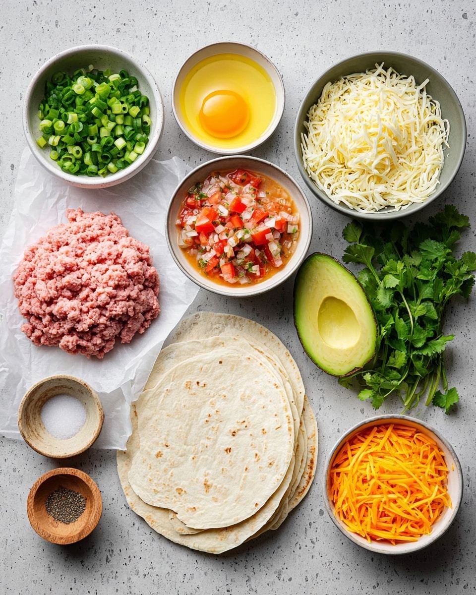 The image shows various ingredients neatly placed on a white marbled surface. There are three white flour tortillas stacked on the right side, with fresh green cilantro leaves just above them. Next to the tortillas is a small white bowl filled with a colorful salsa made of red tomatoes and white onions. Above the tortillas and salsa is a gray bowl full of chopped green onions. To the left, there is a piece of white parchment paper with a mound of pink ground meat on it. Around it, from the top left corner clockwise, there is a large white bowl filled with shredded white cheese, a small gray bowl with salt, a small wooden bowl with black pepper, a small white bowl filled with yellow oil, a round white bowl containing beaten eggs, and a white bowl holding sliced green avocado. At the top right corner, there is a white bowl with shredded bright orange cheese. The colors are fresh and vibrant, and everything is organized with clear separation. Photo taken with an iphone --ar 4:5 --v 7