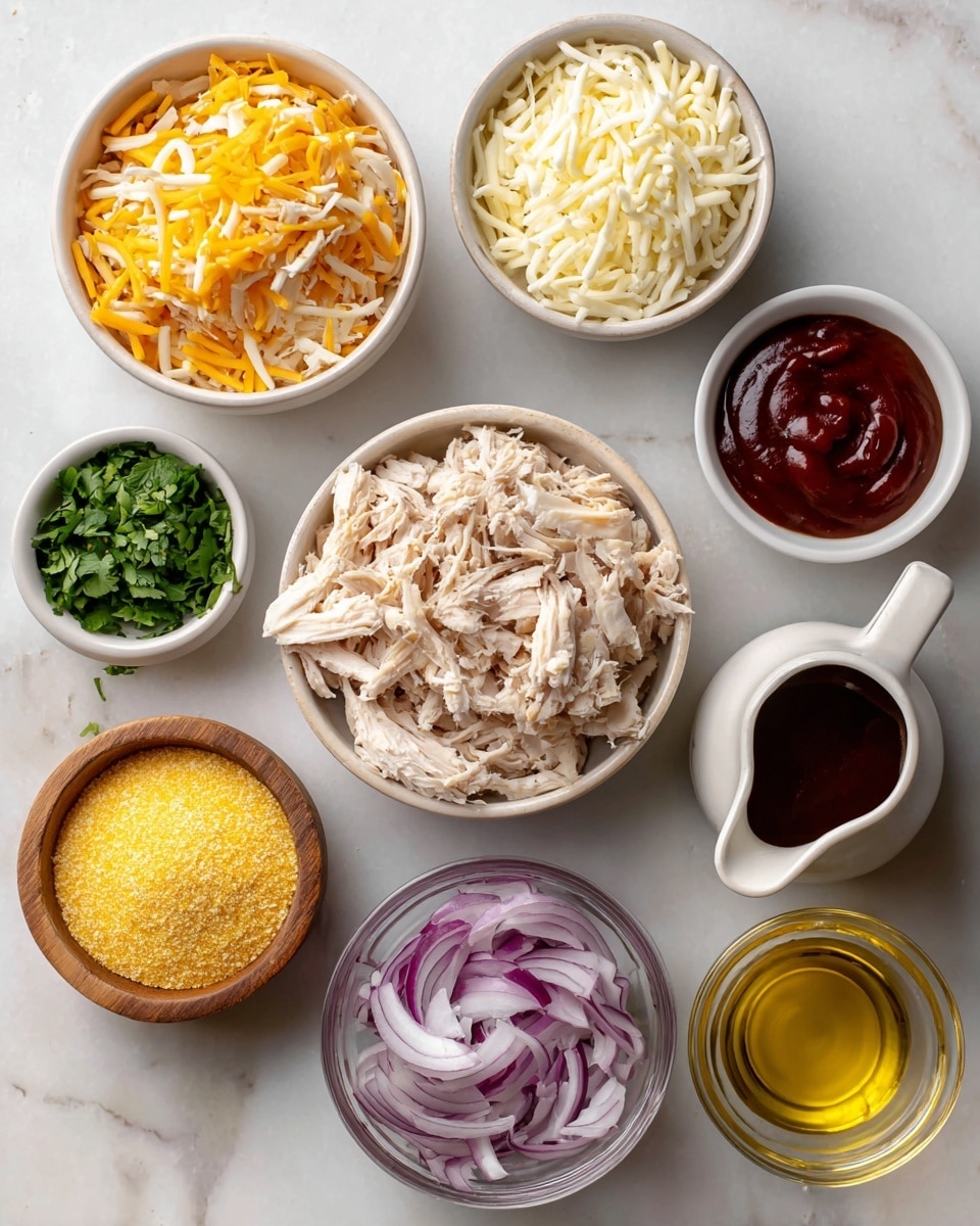 The image shows seven small white bowls arranged on a white marbled surface, each filled with different ingredients. In the center is a bowl with shredded pale chicken meat, surrounded by a bowl of shredded orange smoked gouda cheese at the top left, and a bowl of shredded white mozzarella cheese at the top right. A small bowl of chopped green cilantro is to the left of the chicken, and below that is a wooden bowl with yellow cornmeal. At the bottom center right is a clear bowl with thinly sliced purple-red onion rings. To the far right is a white pitcher with dark red BBQ sauce, next to a small bowl filled with golden olive oil. The bowls are spaced evenly, showing the textures and colors of the ingredients clearly. Photo taken with an iphone --ar 4:5 --v 7