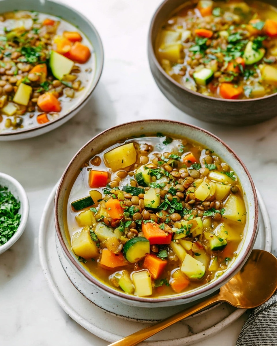 The image shows three bowls filled with a colorful vegetable and lentil soup placed on a white marbled surface. Each bowl contains a mix of layers, starting with a clear broth base that carries pieces of orange carrots, light green zucchini, pale yellow potatoes, and green lentils scattered throughout. The vegetables are in chunky, uneven cubes, giving a homemade feel. On top, some fresh green chopped herbs are sprinkled, adding a bright touch and a layer of freshness. One bowl is in the front with a close-up view, displaying the richness of the soup, and beside it is a golden spoon resting on a white plate. In the background, two other bowls mirror the look of the first with a white dish holding chopped green herbs close by. Photo taken with an iphone --ar 4:5 --v 7