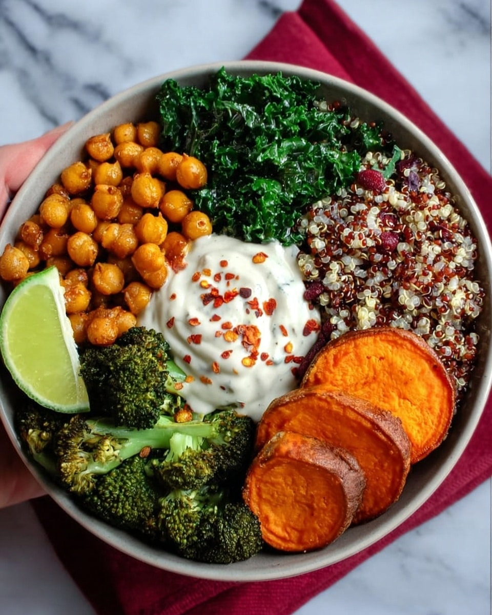 A white bowl sits on a red cloth over a white marbled surface. Inside the bowl, six layers are arranged in sections: bright green broccoli florets at the top left, golden roasted chickpeas on the top right, light green sliced avocado on the right, dark green sautéed kale below the avocado, a mix of red and white quinoa on the bottom left, and orange roasted sweet potato slices at the bottom left with two lime wedges resting on them. In the center, a dollop of white creamy sauce is sprinkled with red chili flakes. The bowl is full, fresh, and colorful. photo taken with an iphone --ar 4:5 --v 7