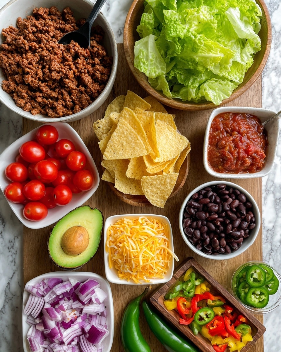 The image shows a wooden board with various fresh ingredients arranged neatly on a white marbled surface. On the top left, there is a white bowl filled with cooked ground beef with a black spoon resting inside. To the right, a wooden bowl holds bright green romaine lettuce leaves. Below the lettuce, a square white bowl is filled with shiny red cherry tomatoes. In front of this, there is a halved avocado with a bright green inside and a whole dark green avocado next to it. Black beans fill a round white bowl positioned in the bottom right. Below the beef bowl, round light yellow chips are stacked. Nearby, finely chopped red onion is placed next to a larger piece of red onion. Bright yellow shredded cheese rests on a small wooden tray next to a bowl of chunky red salsa. Mixed finely chopped yellow, green, and red peppers are scattered on the bottom right, with a halved green bell pepper and whole jalapeños close by. The setting is clear and colorful, with fresh textures and vibrant colors. Photo taken with an iphone --ar 4:5 --v 7