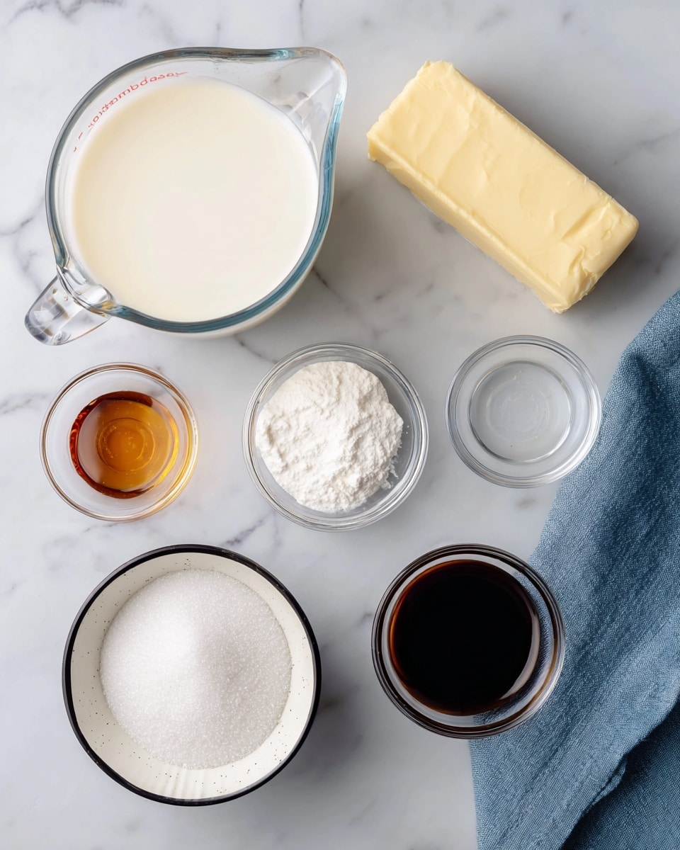 The image shows six ingredients arranged on a white marbled surface. At the top left, there is a clear glass measuring cup filled with a creamy white liquid labeled
