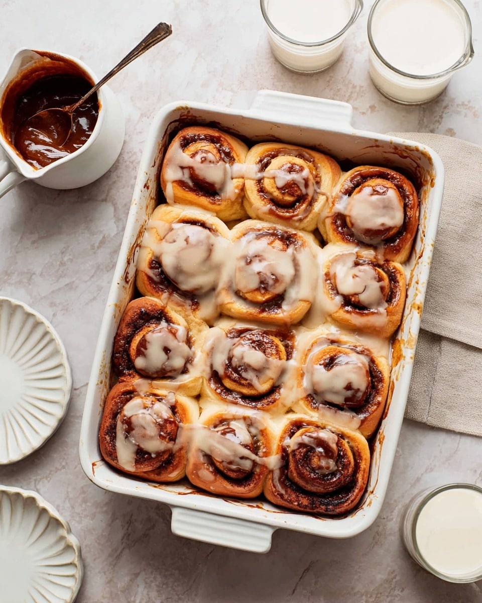 A white rectangular baking dish holds twelve cinnamon rolls arranged in three rows of four. Each roll is golden brown with darker cinnamon swirls clearly visible in the spiral layers, topped with a creamy off-white glaze that drips smoothly down the sides. The rolls look soft and fluffy with some glaze pooling slightly between them. To the top left, a small white cup filled with thick dark brown sauce sits with a silver spoon resting inside. Around the baking dish are two clear glasses of milk and two white plates with ridged edges on a white marbled surface. Photo taken with an iphone --ar 4:5 --v 7