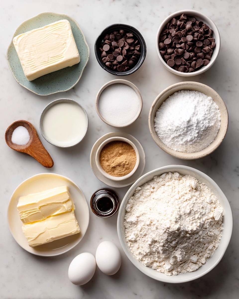 The image shows a collection of baking ingredients arranged neatly on a white marbled surface. Starting from the top right, there is a large white bowl filled with white flour that has a soft, powdery texture. Below it to the right, a small white bowl holds dark brown chocolate chips with a smooth, slightly shiny surface. Next to the chips, another small white bowl contains fine white powdered sugar with a soft texture. Below that, a similar bowl holds light brown brown sugar that appears soft and slightly clumpy. To the left of these, a white plate has a block of cream cheese with a smooth, firm texture and a white color. Above the cream cheese, a small black bowl contains white baking soda powder. Behind it, another white bowl is filled with white granulated sugar that looks fine and crystalline. On the left side, there is a small white bowl of creamy yellow butter with visible soft folds on its surface. In front of the butter, two white eggs rest on the surface, smooth and oval. To the left of the eggs is a small dark bottle of vanilla extract. Above all the items, a small wooden spoon holds a little amount of white salt. The whole setup is photographed from above with even lighting to highlight all ingredients clearly. Photo taken with an iphone --ar 4:5 --v 7