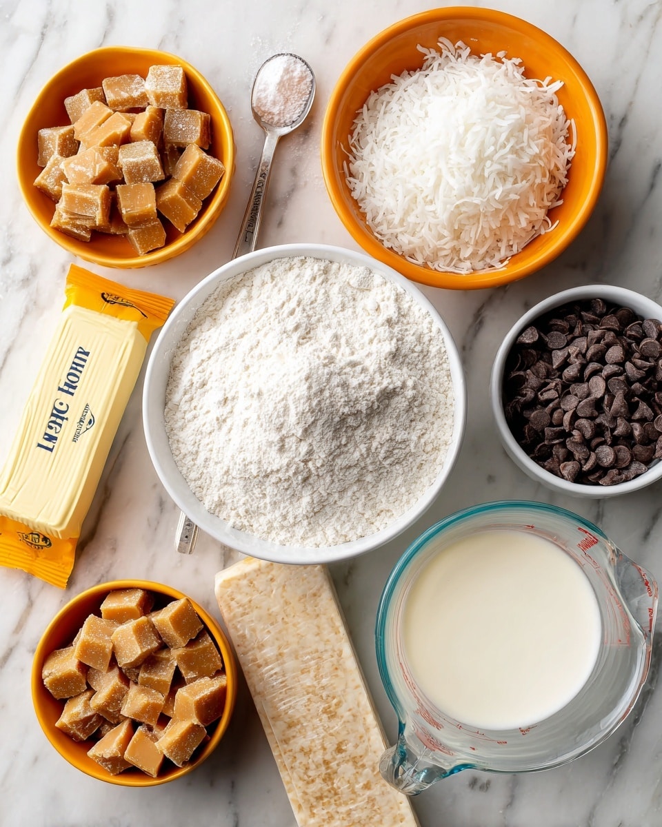 An array of baking ingredients is arranged on a white marbled surface, each in its own white or orange bowl or clear measuring cup. Starting from a white bowl in the center filled with white flour with a fine powdery texture, to the top right, an orange bowl filled with shredded coconut showing soft, thin white flakes. To the right of that is a clear measuring cup with a smooth creamy white liquid labeled heavy cream. Below it, a stick of salted butter wrapped in paper sits diagonally. To the left of the flour bowl is a smaller orange bowl packed with tan-colored caramel cubes. Above that is another orange bowl filled with fine granulated white sugar. On the far left, a yellow packet of dark chocolate chips sits partially visible. A metal measuring spoon with vanilla (liquid or powder not visible) is placed diagonally near the caramel bowl. The background and all items are brightly lit with natural lighting, showing clean, clear details. Photo taken with an iphone --ar 4:5 --v 7