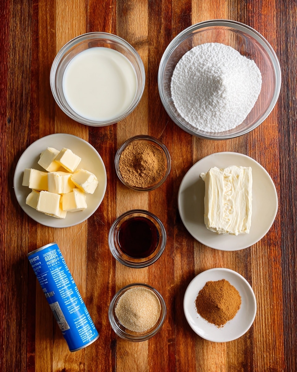 The image shows eight ingredients placed on a wooden surface. There is a clear glass bowl with white powdered sugar at the top center, a clear glass bowl with white milk on the left, and a white plate with cream cheese on the right side. Below the powdered sugar is a clear glass bowl with brown sugar, next to it is a white plate with cubes of yellow butter. Below the butter is a clear glass bowl with cinnamon powder, and next to it is a small glass bowl with dark vanilla liquid. Slightly to the left and below the milk bowl is a blue cylindrical can of crescent dough sheet, diagonally positioned. All the containers are simple and transparent or white. The surface is wood with a rich brown color and visible grain. photo taken with an iphone --ar 4:5 --v 7