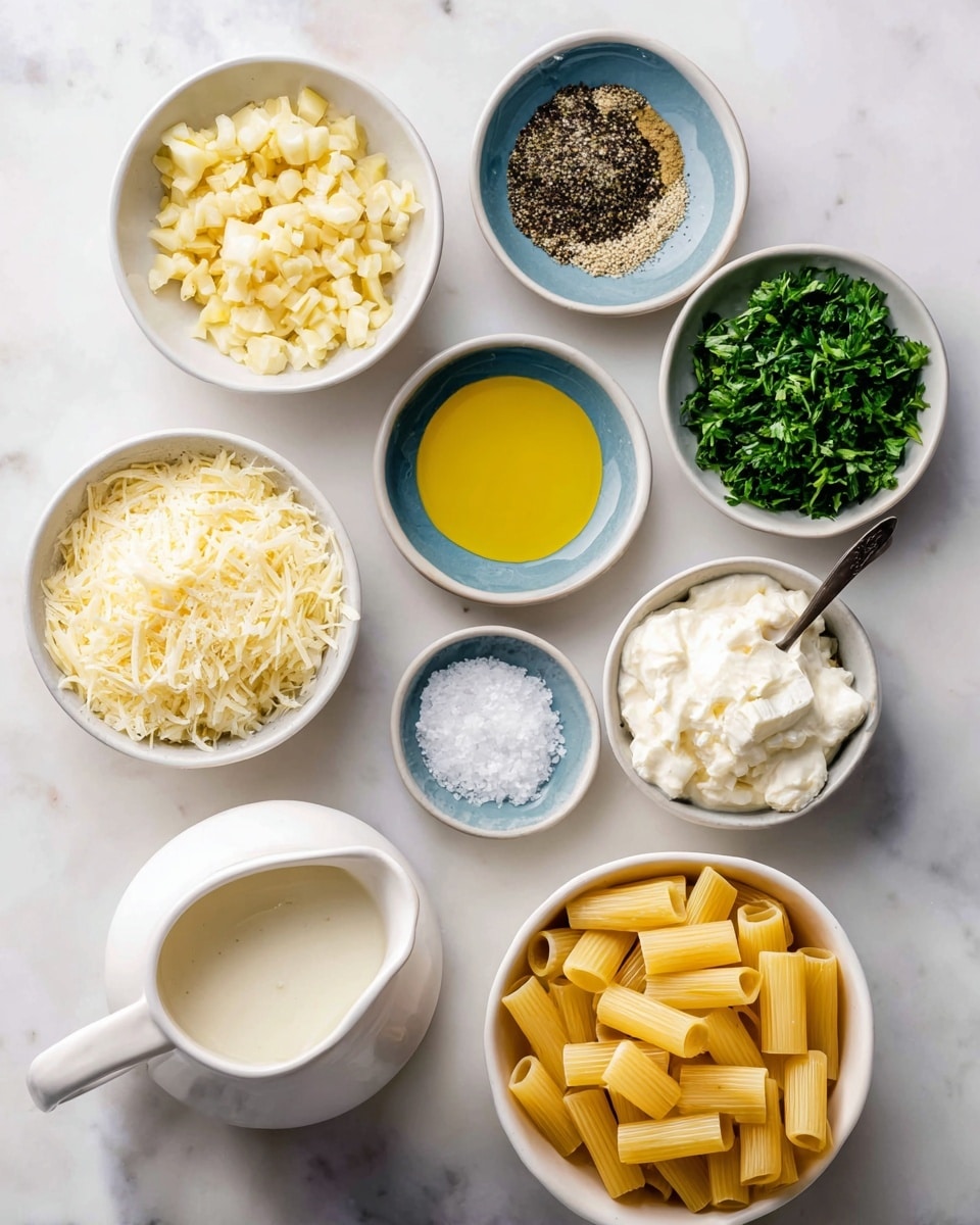 The image shows eight small white bowls on a white marbled surface, each containing different ingredients. Starting from the top left, there is a bowl filled with finely chopped light yellow garlic, next to it a bowl with ground black pepper, followed by a bowl of bright yellow olive oil, and another bowl with chopped green parsley. Below them, on the bottom left, a white ceramic pitcher holds creamy white cream, next to it a small white bowl filled with finely grated pale yellow parmesan cheese and a small dark spoon resting inside. To the right of this, a bowl contains pale yellow raw pasta tubes, and above the parmesan cheese and pasta bowls, there are two small white bowls with plain white salt. Each ingredient is labeled with bold white text on blue rectangular backgrounds. The whole scene is evenly lit with soft light, and the photo was taken with an iphone --ar 4:5 --v 7