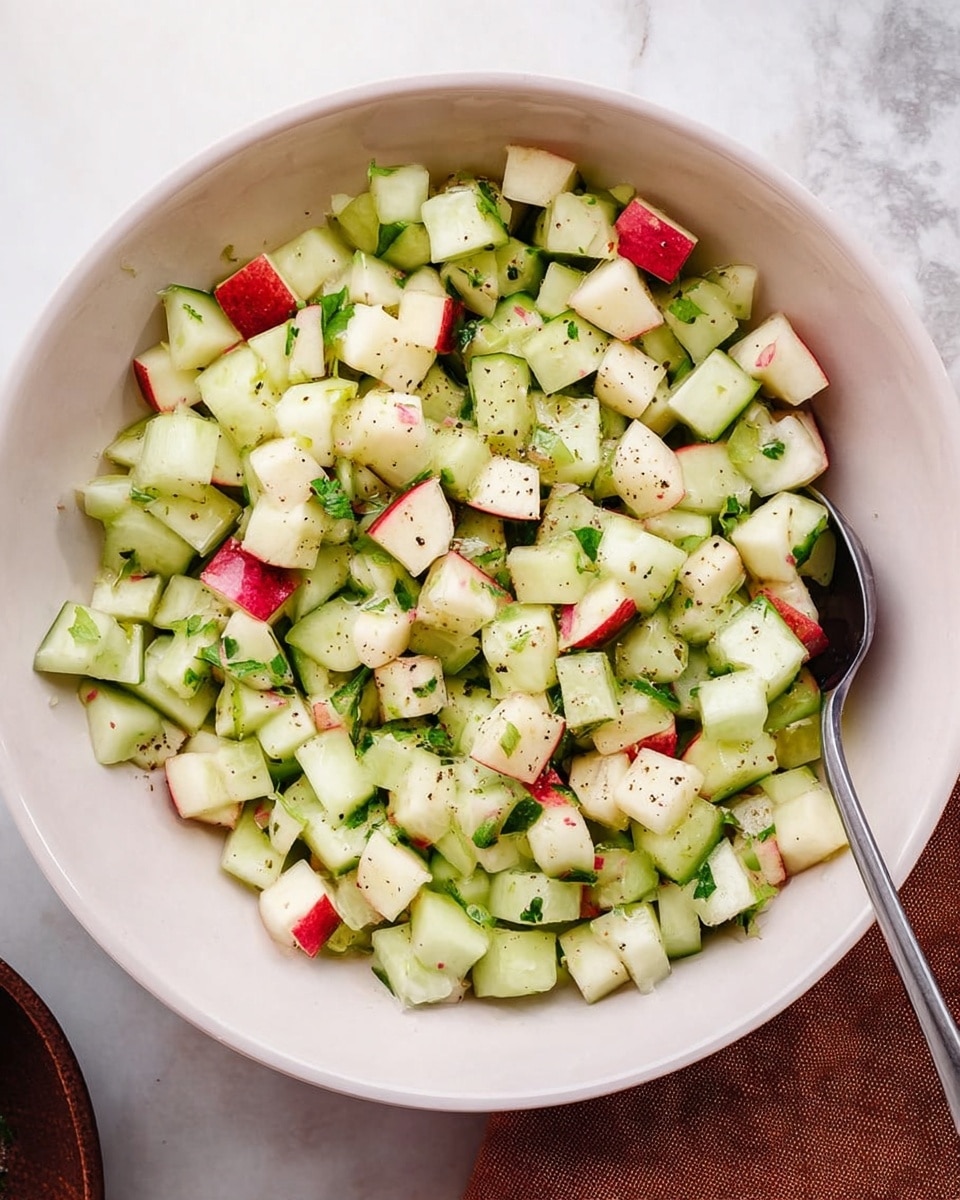 The image shows a bowl filled with a fresh salad made of small diced apple pieces with red skin, light green cucumber pieces with dark green skin, and sprinkled with small green parsley leaves. The ingredients are mixed evenly, creating a colorful mix of red, white, and green tones with varied textures—from the firmness of the apple cubes to the smooth and moist cucumber pieces. The bowl is white with a soft pink rim and small brown specks on the inside. The background features a clean white marbled texture. photo taken with an iphone --ar 4:5 --v 7