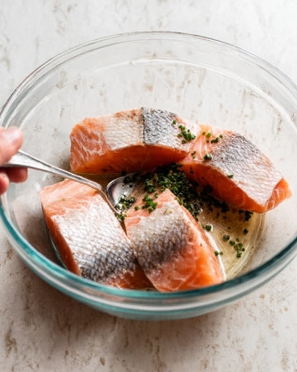 A clear glass bowl on a white marbled surface holds four pieces of raw salmon with skin on. The salmon pieces are pink with a shiny texture, arranged so the skin side faces up. Small green herb pieces, likely chopped chives, are scattered around and on top of the salmon. A spoon is in the bowl, held by a woman's hand visible on the left side. Photo taken with an iphone --ar 4:5 --v 7