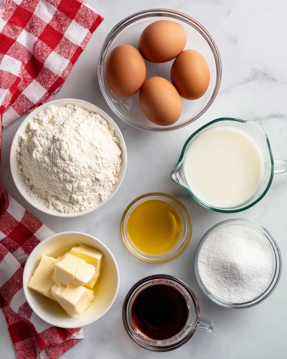 The image shows six ingredients arranged on a white marbled surface with a red and white checkered cloth in the corner. There is a clear glass bowl at the top center holding three brown eggs, a white bowl full of white flour on the left, and a clear measuring cup filled with milk on the right. Below the eggs, a small white bowl contains yellow melted butter, a small clear bowl with dark brown vanilla extract is placed below the flour, and next to it on the right is a small pile of white sugar. Each ingredient is labeled with black tags and white text. photo taken with an iphone --ar 4:5 --v 7