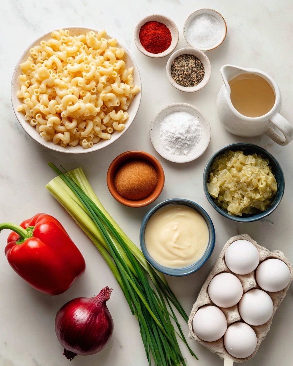This image shows many ingredients placed neatly on a white marbled surface. There is a white bowl filled with pale yellow elbow macaroni in the top left. Next to it, small white dishes hold bright red smoked paprika, white salt, and dark ground black pepper. A small white bowl with green sweet pickle relish sits to the right. Six white eggs rest in a light brown carton to the far right. A small white pitcher holds light yellow apple cider vinegar. Below that, a white cup is filled with creamy pale mayonnaise. Near the center, there is a shiny dark red bell pepper and a thick light green celery rib lying horizontally. A bunch of thin green chives is placed diagonally in front. A small terracotta bowl holds light brown Dijon mustard. A whole red onion with shiny dark purple skin is near the middle. There is also a small dark blue bowl filled with white sugar. All items are spaced evenly on the smooth white marbled surface. photo taken with an iphone --ar 4:5 --v 7