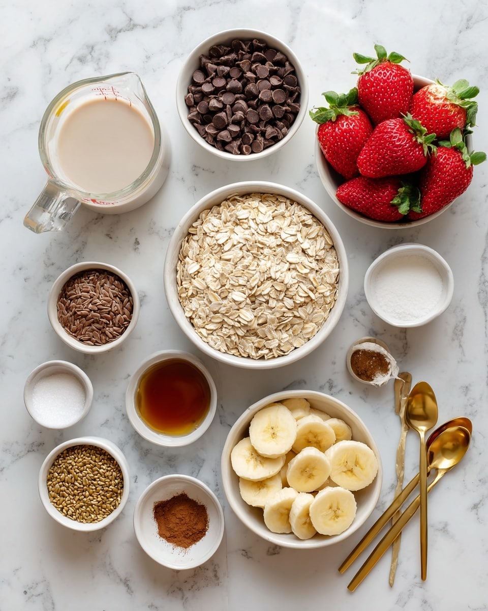 The image shows a flat lay of various baking ingredients on a white marbled surface. At the center is a white bowl filled with light beige oats. To the top right, a white bowl holds bright red strawberries with green leaves. Above the oats, a white bowl contains dark brown chocolate chips. Below the chocolate chips, another white bowl is filled with round slices of yellow banana. To the left, a glass measuring cup is filled with light almond milk. Scattered around are small golden spoons and white bowls with different ingredients: a golden spoon with brown flaxseed, a small bowl with brown maple syrup, a small bowl with white coconut oil, another bowl with brown cinnamon and white baking powder together, a small glass bowl with white salt, and a golden teaspoon with dark vanilla extract. The ingredients are arranged neatly with labels. Photo taken with an iphone --ar 4:5 --v 7