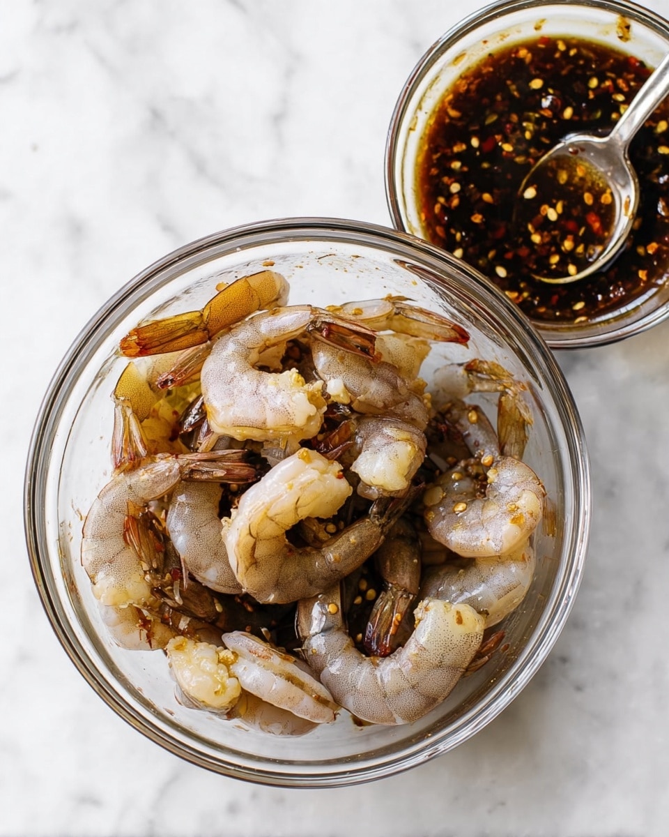 A clear glass bowl is filled with raw shrimp that are grayish with slight yellow and white tones, some with tails still on, all coated in a dark brown sauce with visible small chili flakes and seeds. Behind the bowl is a smaller clear glass bowl containing the same dark sauce with chili flakes and a silver spoon resting inside. Both bowls are placed on a white marbled surface. The textures show the shrimp as firm and slightly shiny from the sauce. Photo taken with an iphone --ar 4:5 --v 7
