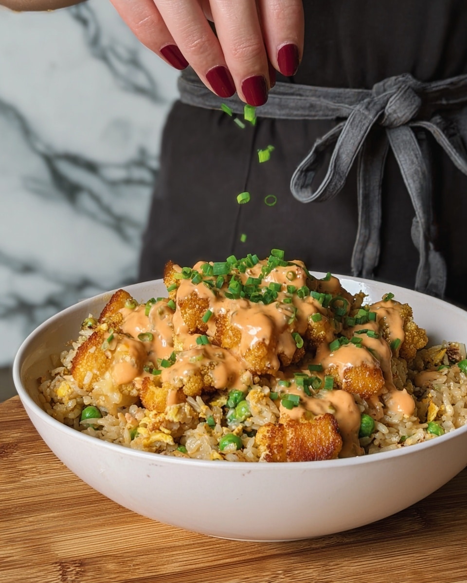 A white bowl filled with three layers: at the bottom, a mix of fried rice with visible scrambled eggs, peas, and small carrot cubes, showing a soft and slightly oily texture with light brown and yellow colors; on top, golden brown fried cauliflower pieces are scattered, covered by a creamy orange sauce that is thick and glossy; the dish is finished with chopped green onions sprinkled all over for a fresh green contrast, while a woman's hand with dark red nail polish lightly sprinkles more green onions over the dish; the background shows a person wearing a dark apron with a gray tied bow, and the bowl sits on a wooden surface with a white marbled background; photo taken with an iphone --ar 4:5 --v 7