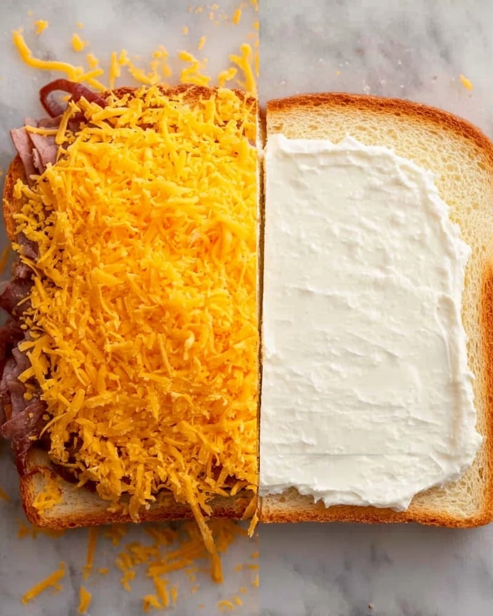 Two slices of white sandwich bread are shown on a white marbled surface. The left slice is topped with a layer of cooked sliced meat, dark brown with slight red tones, and covered with a thick layer of shredded bright orange cheese that spills a little on the sides. The right slice is spread with a smooth, white creamy layer, evenly covering the entire surface. Photo taken with an iphone --ar 4:5 --v 7
