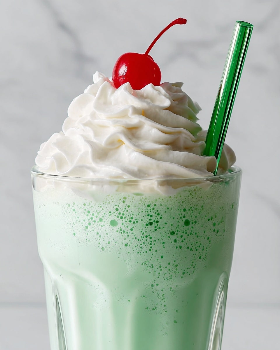 A tall clear glass filled with a light green frothy drink that has small bubbles visible throughout the drink. On top, there is a thick layer of smooth white whipped cream swirled in a circular pattern. Centered on the whipped cream is a bright red cherry with a shiny surface and a long red stem. A shiny green straw is placed inside the glass on the right side. The background is a white marbled texture. photo taken with an iphone --ar 4:5 --v 7