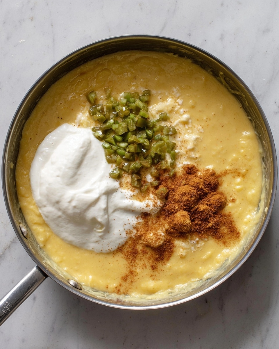The image shows a round, silver pan filled with a creamy, thick yellow mixture as the main layer. On top, there are three distinct spots: one large dollop of white, smooth cream positioned near the center, a small pile of chopped green chili pieces to the left of the cream, and a light sprinkle of reddish-brown powder on the right. The pan is resting on a white marbled surface. photo taken with an iphone --ar 4:5 --v 7