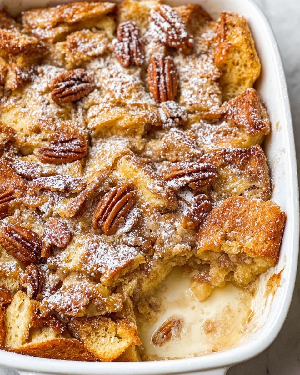 A white baking dish filled with warm bread pudding made of golden brown torn pieces of bread soaked in creamy, light brown custard. There are whole pecans scattered evenly on top, adding a rough texture. A light dusting of powdered sugar covers the surface, contrasting softly with the warm tones of the bread and custard. One corner of the dish is scooped out, showing the moist inside. The dish is placed on a white marbled surface. photo taken with an iphone --ar 4:5 --v 7