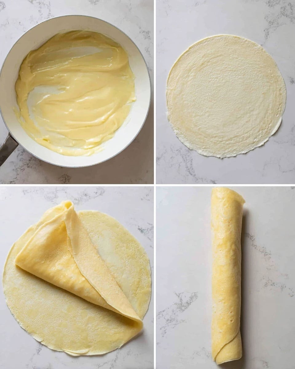 The image shows a four-step process of making a rolled crepe with filling. In the first step, a white pan holds a smooth, pale yellow creamy mixture with a slightly glossy texture. The second step places a round, thin white crepe on a white marbled surface with some of the creamy mixture spread unevenly in the center. The third step shows the crepe partially folded from the left side over the creamy filling, creating a thick folded edge on a white marbled surface. The fourth step shows the crepe fully rolled into a tight cylinder with a smooth, soft texture lying on the white marbled surface. photo taken with an iphone --ar 4:5 --v 7