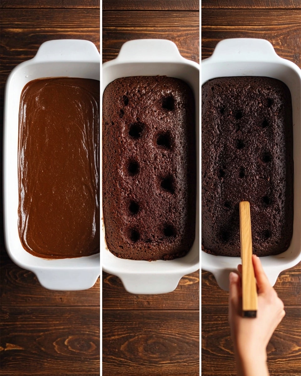 The image shows three stages of making a chocolate cake in a white rectangular baking dish placed on a dark wooden surface. The first stage is the raw chocolate batter, smooth and dark brown, filling the dish evenly. The second stage is the baked cake, with a textured, darker, and slightly cracked surface that has risen in the dish. The third stage shows a woman's hand holding a wooden stick, poking several small holes into the top of the chocolate cake, revealing its moist surface. photo taken with an iphone --ar 4:5 --v 7