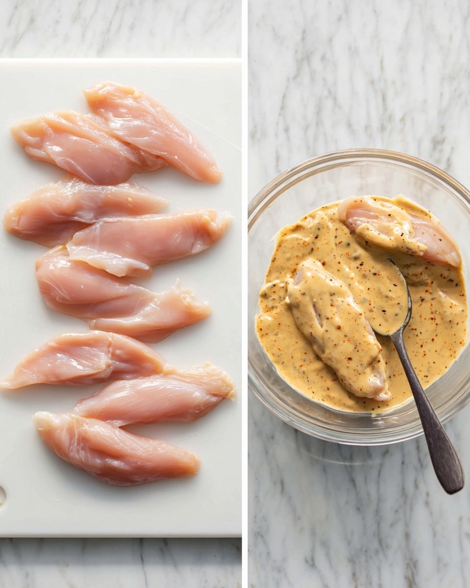 The image shows two side-by-side scenes on a white marbled surface. On the left, eight raw pink chicken strips are laid out flat on a white cutting board, arranged in a rough grid pattern. On the right, a clear glass bowl contains several chicken strips fully covered in a thick, creamy beige sauce with visible spices. A dark spoon rests inside the bowl, partly submerged in the sauce. Photo taken with an iphone --ar 4:5 --v 7