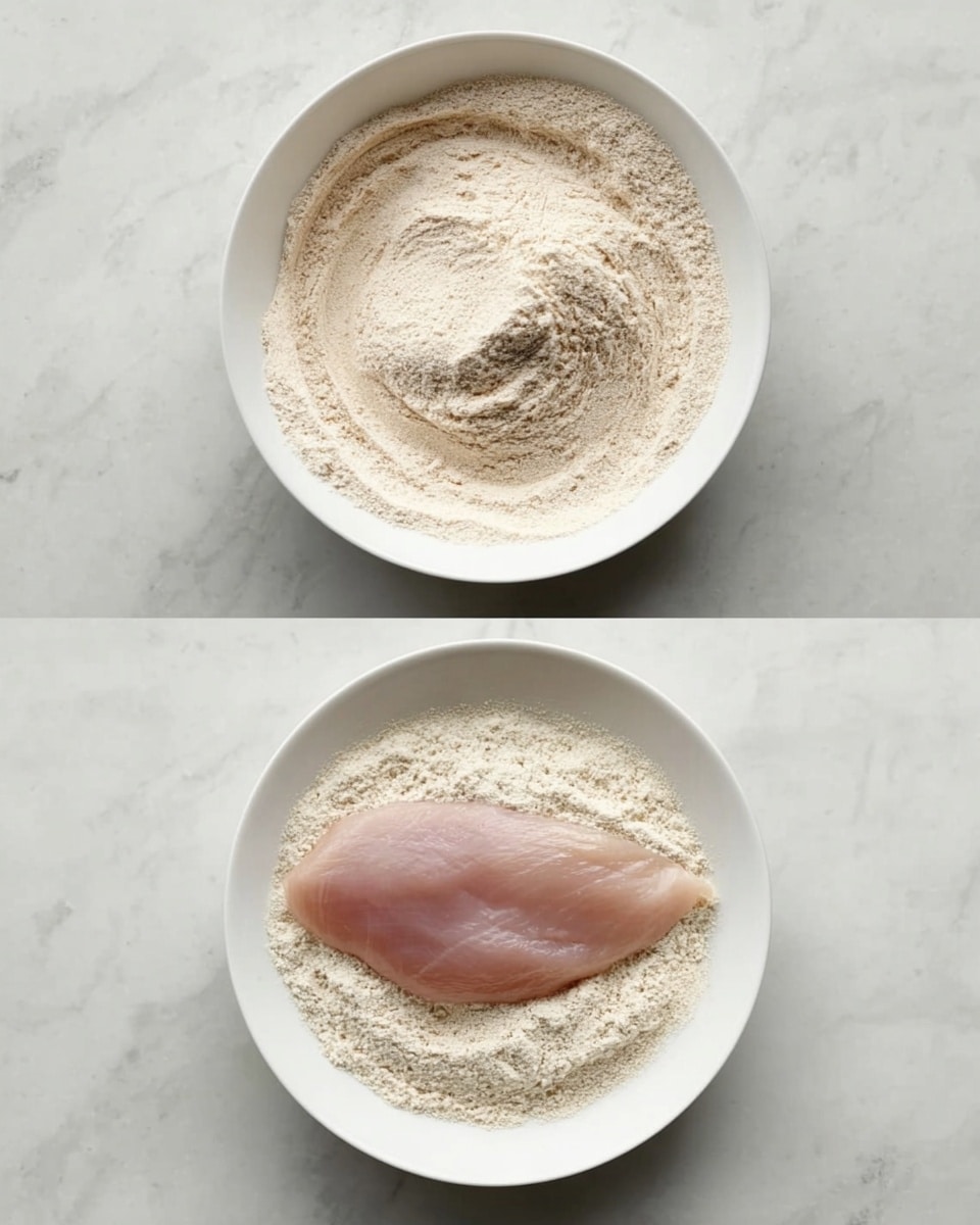 The first image shows a white bowl filled with a light beige powder, spread evenly across the bowl with slight swirls in the middle. The second image also features the same white bowl with the same beige powder, but now has a single raw, pale pink piece of meat placed flat on top of the powder, centered in the bowl. Both bowls are on a white marbled surface. Photo taken with an iphone --ar 4:5 --v 7