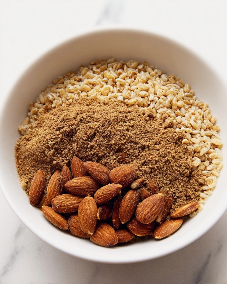 A white bowl filled with a mix of three layers: the bottom layer has whole almonds with a smooth brown surface, the middle layer contains a mix of light brown puffed grains scattered evenly, and the top layer is a pile of fine brown powder lightly covering the grains and nuts beneath. The background and surface are a white marbled texture. photo taken with an iphone --ar 4:5 --v 7