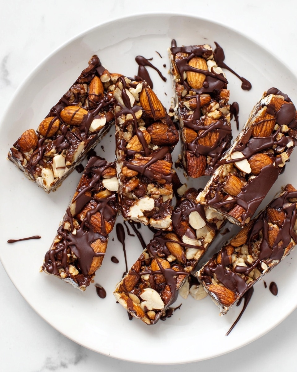 Six nut bars are arranged randomly on a white plate, placed on a white marbled surface. Each bar is thick and rectangular, filled with whole almonds and mixed nuts, showing rich brown and beige tones with rough textures. Dark chocolate is drizzled generously over the bars, creating shiny, irregular patterns that drip slightly onto the plate. The chocolate contrasts with the dry nuts, adding a glossy layer on top. photo taken with an iphone --ar 4:5 --v 7