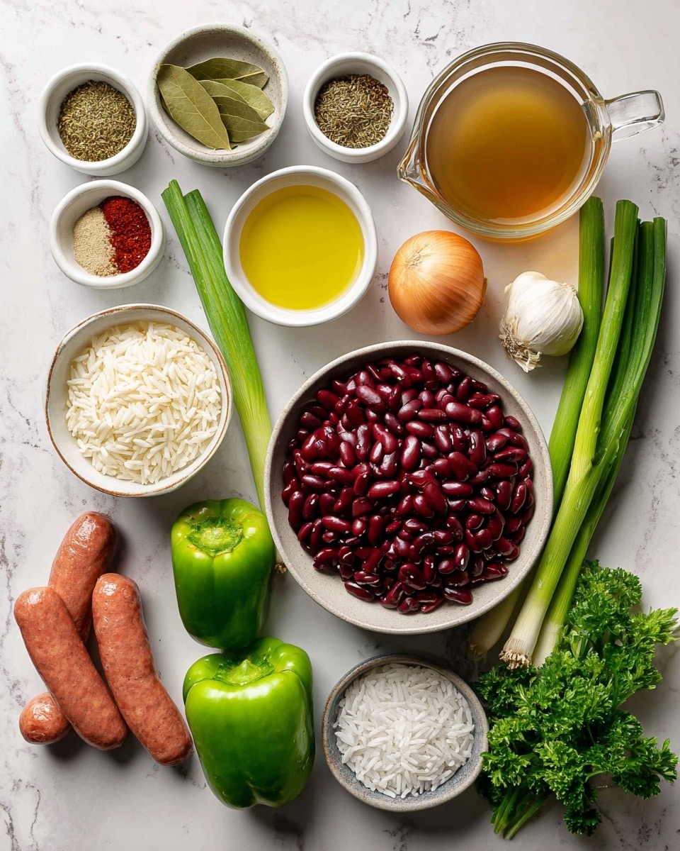 The image shows an array of fresh ingredients arranged neatly on a white marbled surface. In the center is a round bowl filled with shiny dark red kidney beans. To the upper right is a clear glass measuring cup holding light brown chicken broth, and below it is a small white bowl with yellow olive oil. Above the kidney beans is a small dark bowl with green bay leaves. To the upper left are three small white bowls containing different seasonings in red, green, and brown colors. A whole green bell pepper is placed near the seasonings. Two reddish-brown sausages lay horizontally in the lower left area next to three green celery sticks. A cluster of long green onions rests between the celery and a whole light brown onion. A garlic bulb and a bowl of white rice are near the green onions, and a fresh bunch of green parsley sits in the bottom right corner. A small round dish with black pepper and salt finishes the composition. photo taken with an iphone --ar 4:5 --v 7