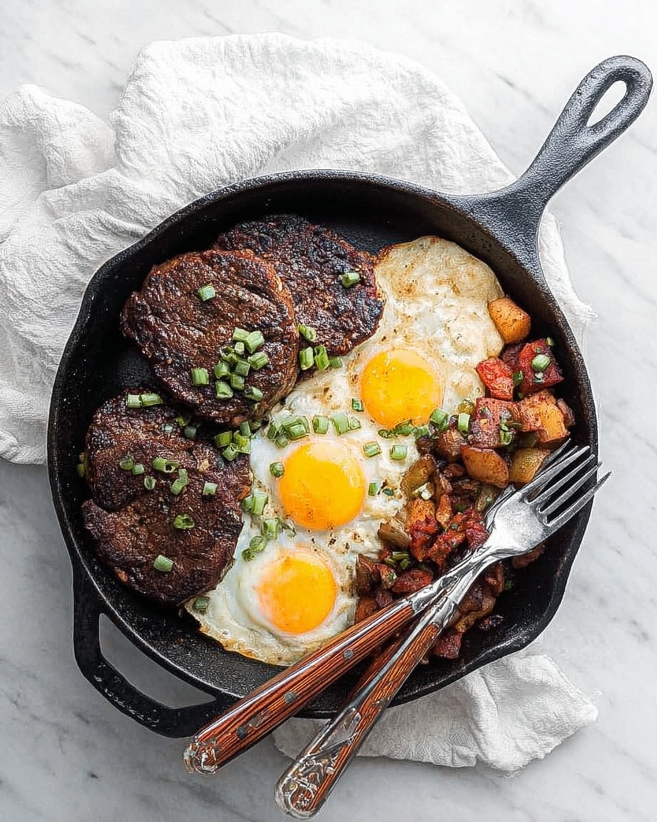 A black cast iron skillet sits on a white marbled surface with a white cloth nearby. Inside the skillet, there are three main layers of food: on the left, two large brown cooked steak pieces with a slightly charred texture; in the center, three fried eggs with bright yellow yolks and white, slightly crispy edges, topped with chopped green onions; on the right, a mix of brown and reddish cooked diced vegetables with some green garnish. A fork and carving fork with wooden handles rest on the side of the skillet. Photo taken with an iphone --ar 4:5 --v 7