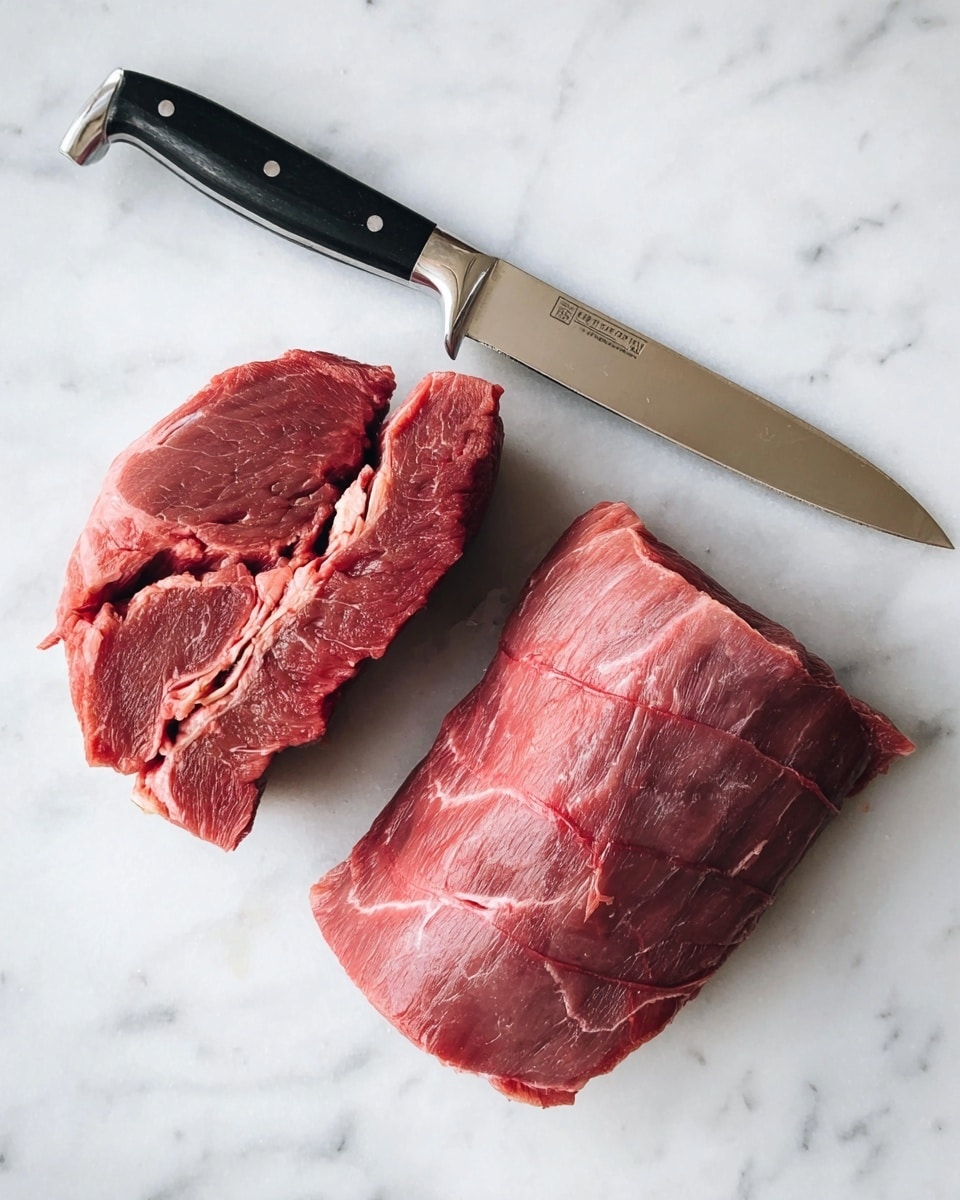A piece of raw red meat is shown sliced into two thick parts lying on a white marbled surface. Each meat piece has visible fibrous textures and light colored fat stripes running through it. Above the meat, there is a large silver kitchen knife with a black handle, resting diagonally on the same surface. The scene is simple, focused on the natural colors and textures of the meat and knife, with no other items visible. photo taken with an iphone --ar 4:5 --v 7